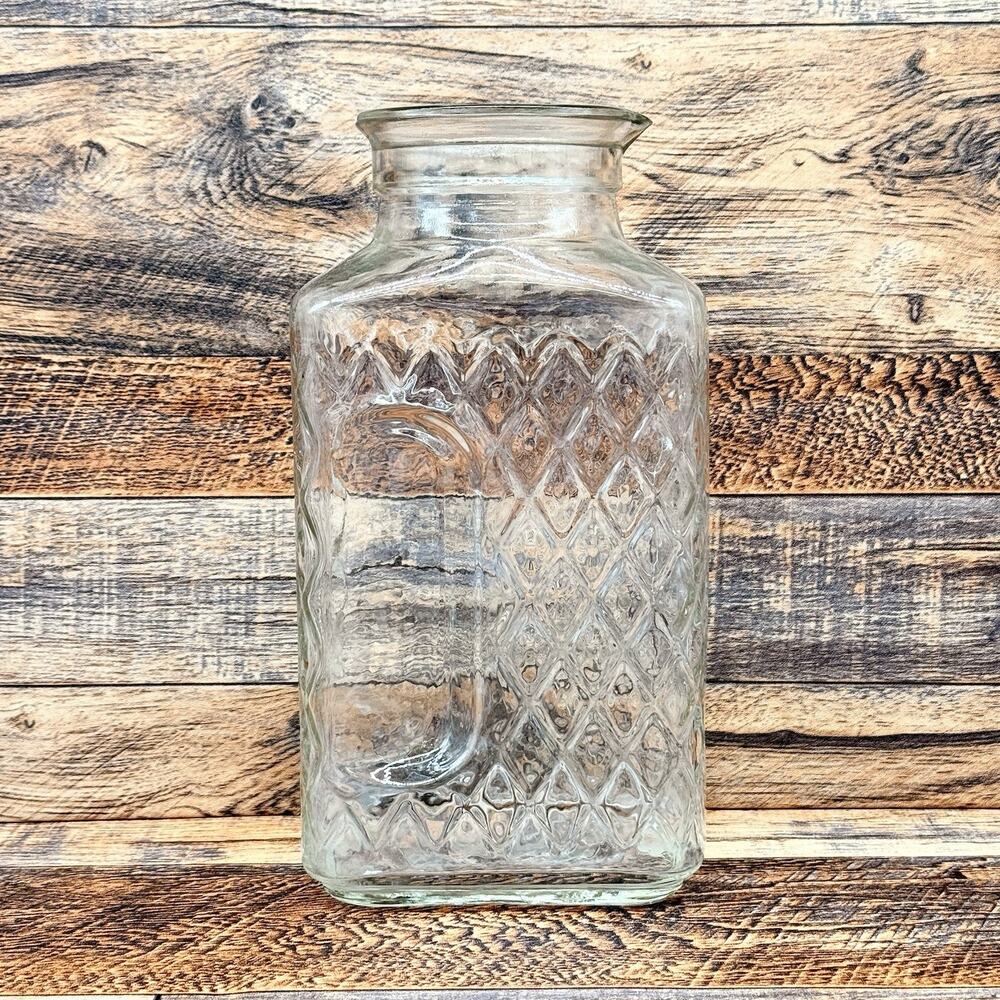 Vintage Diamond Glass Jug Pitcher 9” Unbranded No Lid Retro Country Kitchen